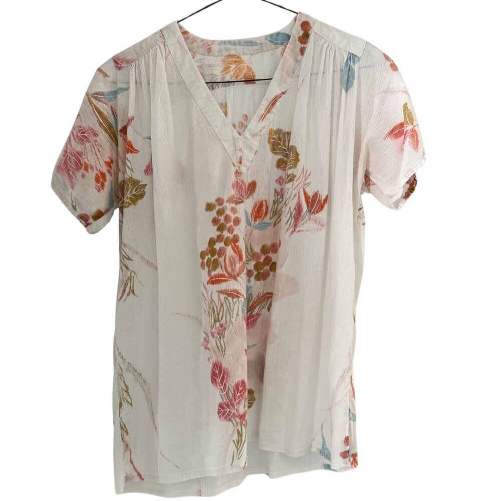 Boho Floral Watercolor Blouse V Neck Lightweight Short Sleeve Top